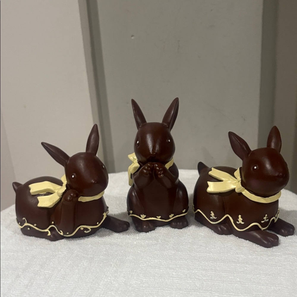 Vintage Chocolate Faux Brown Bunny Figurines with Cream Accents